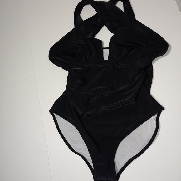 Boho Beach Hut Cross Halter One Piece Swimsuit Size XL Black - Picture 2 of 8